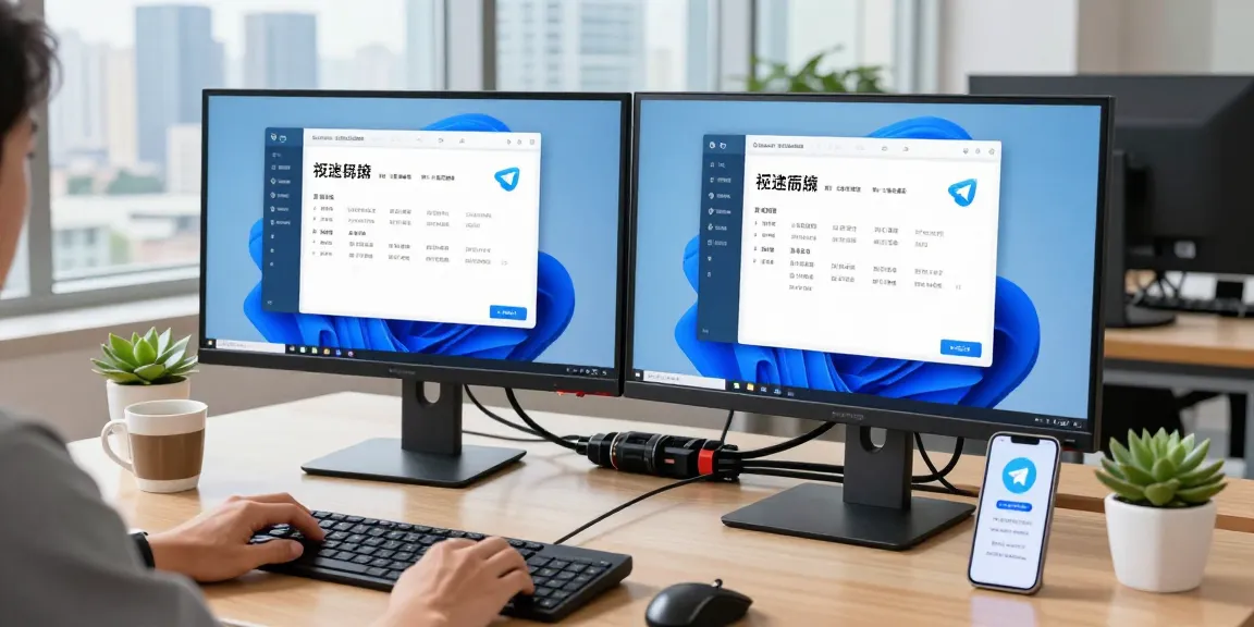 Person setting up Telegram Chinese interface in a modern workspace, showcasing desktop with dual monitors.