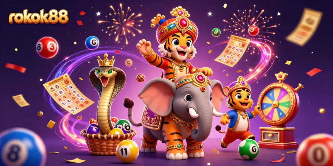 Engage in exciting gambling activities with rokok88, featuring vibrant lottery elements and an energetic scene.