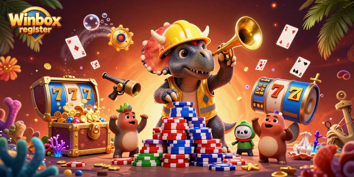 Winbox register as exciting characters build a poker chip pyramid celebrating victories in a vibrant casino