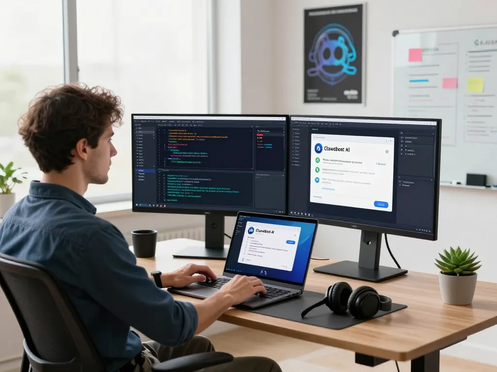 Developer using Clawdbot AI on multiple screens in a modern workspace, showcasing productivity tools and coding applications.