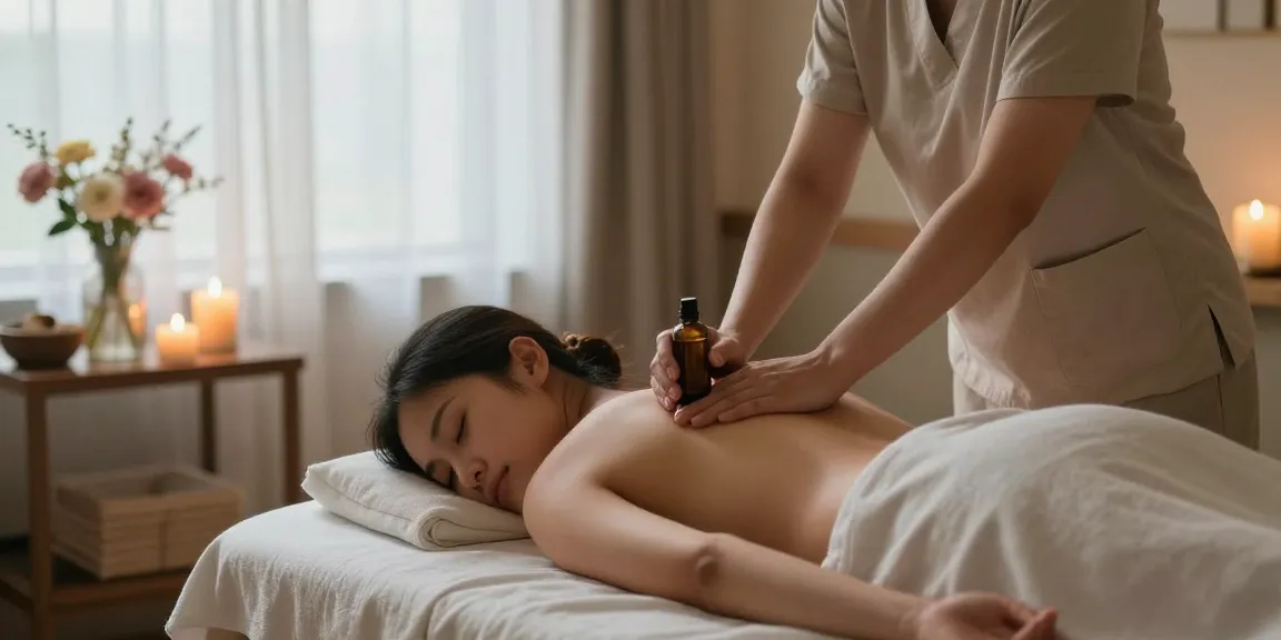 의왕출장마사지 세션에서 아로마 오일을 바르는 마사지 치료사와 편안한 분위기의 마사지 테이블