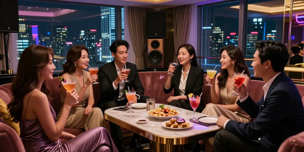 강남쩜오 고급 노래방에서 친구들과 즐거운 시간을 보내는 모습, 세련된 인테리어와 조명이 어우러진 사교의 장면.