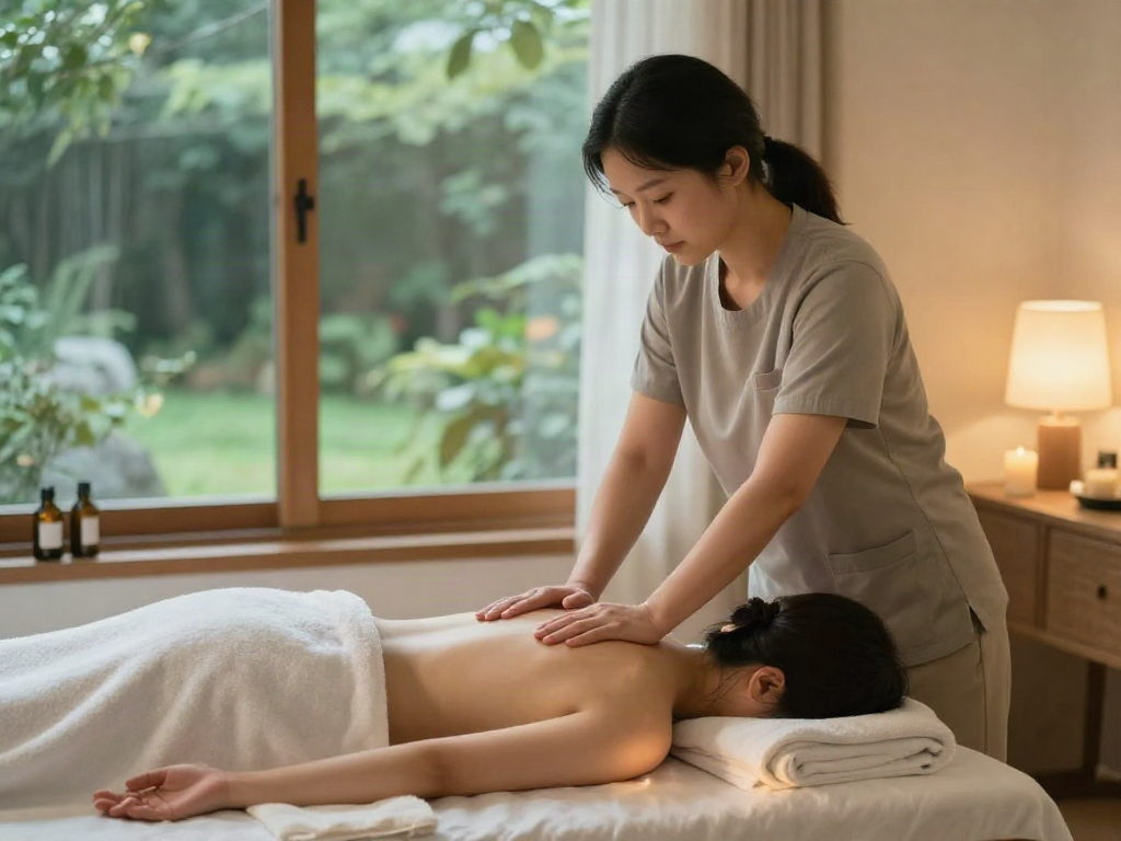 Experience relaxation with 시흥출장마사지 in a calming home setting, featuring a therapist, treatment table, and soothing elements.