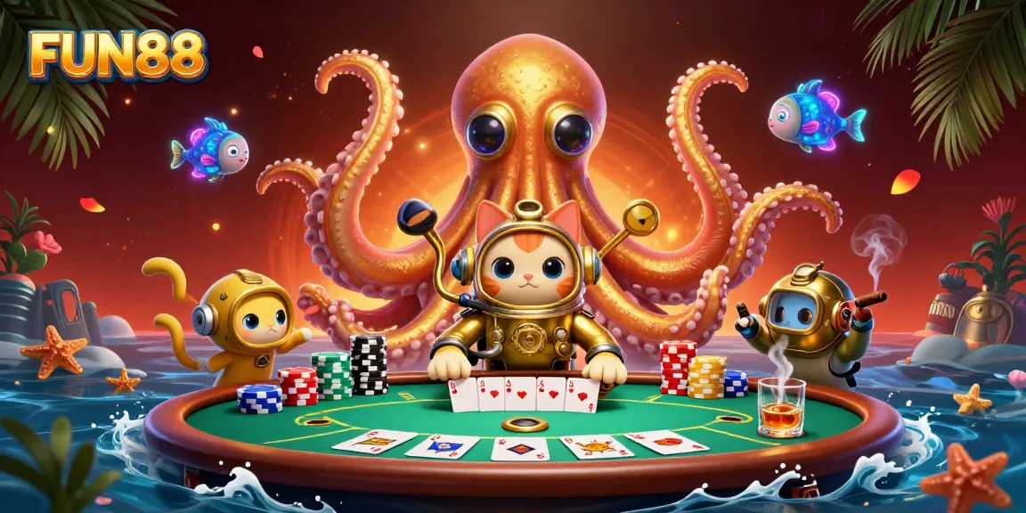 Experience thrilling poker action with FUN88 in a vibrant underwater scene featuring a kraken and a diving cat.