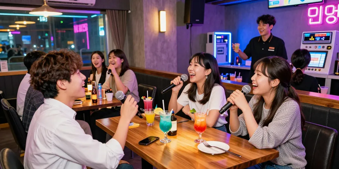 인천쓰리노에서 즐거운 시간을 보내고 있는 친구들, 노래와 음료가 어우러진 활기찬 분위기