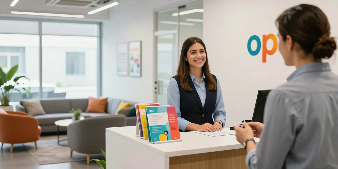 Welcoming office reception at an 오피사이트 business showcasing customer service and comfort.