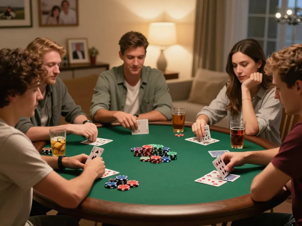 Friends engaged in a competitive poker night, experiencing lc88 life with lively atmosphere and strategic gameplay.