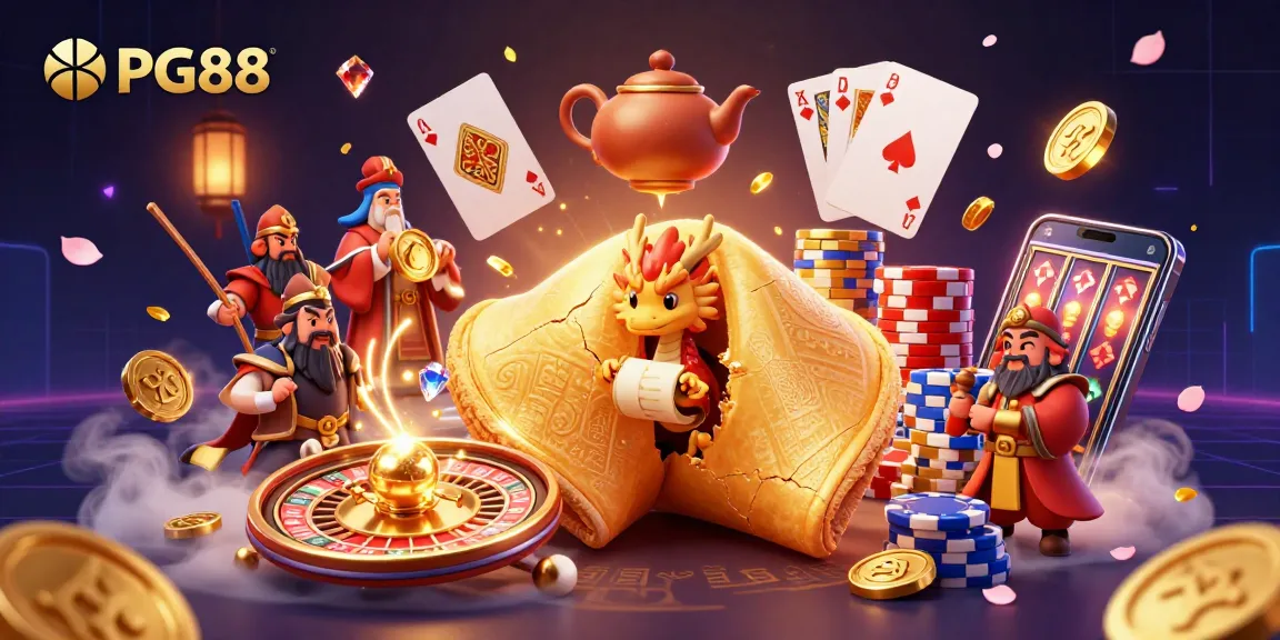 Engage with PG88's vibrant 3D casino scene featuring a golden fortune cookie and dynamic gambling elements.