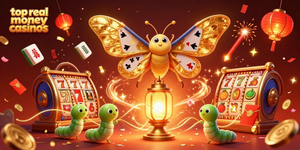 Discover top real money casinos with stunning 3D visuals of gambling elements and vibrant celebration.