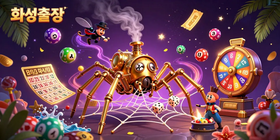 Catch dynamic action in a vibrant scene of 화성출장마사지 featuring unique lottery elements and a whimsical spider.